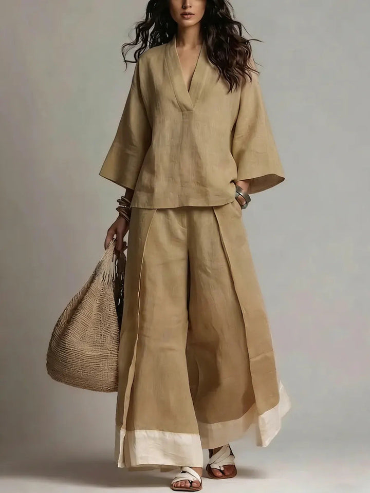 Women’s Casual V-Neck Shirt and Wide-Leg Pants Set | Stylish