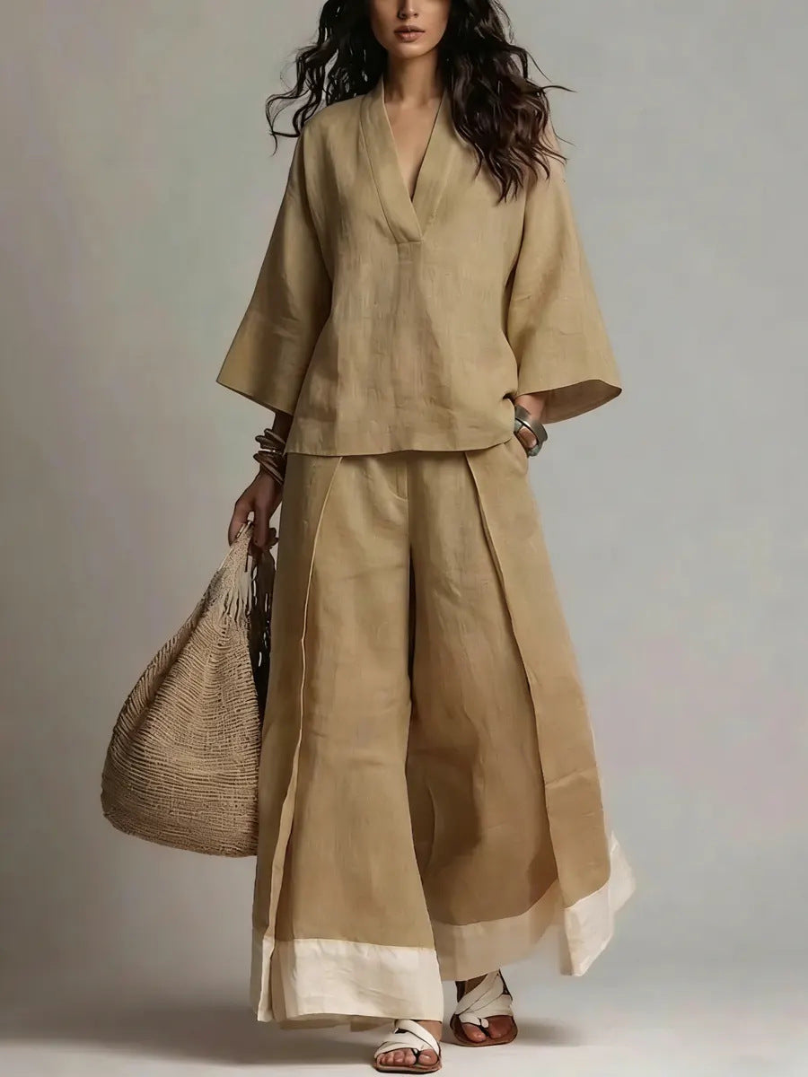 Women's Casual V-Neck Shirt Wide-Leg Pants Set Outfit for Work Brunch Casual Days and Everyday Wear