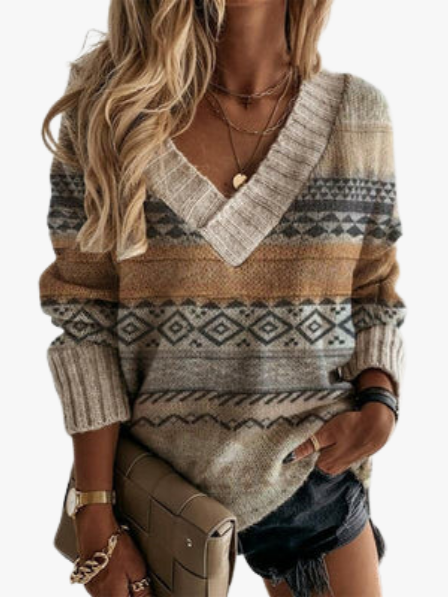 Women's Fair Isle V-Neck Knit Sweater Long Sleeve Cozy Casual Everyday