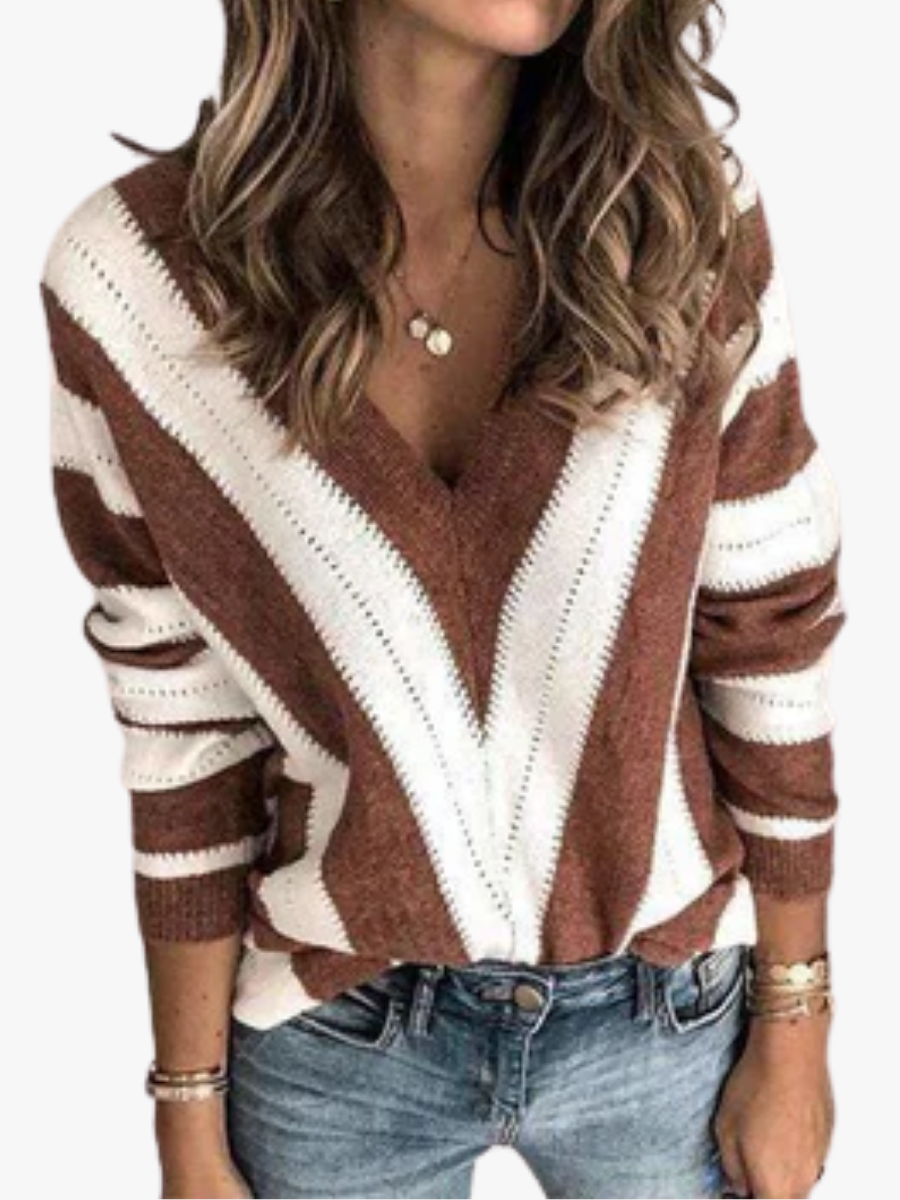 Women's Chic V-Neck Knit Sweater Striped Design Casual Everyday Fashion