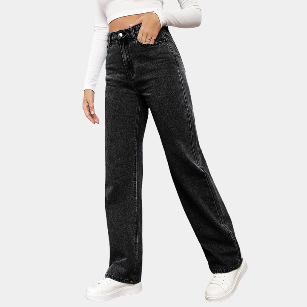 Women's Fit Dark Blue High-Waisted Straight Leg Denim Jeans Outfit for Work Casual Days Holidays and Everyday Wear