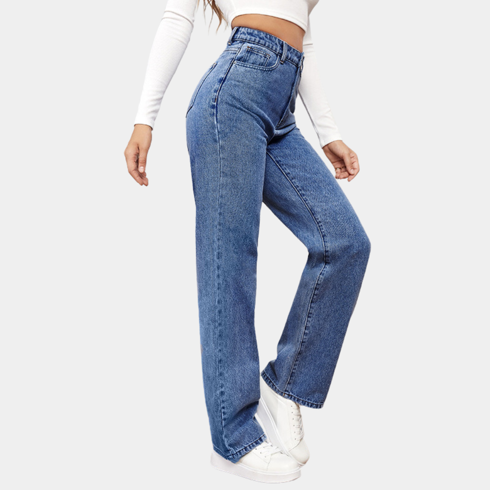 Women's Fit Dark Blue High-Waisted Straight Leg Denim Jeans Outfit for Work Casual Days Holidays and Everyday Wear