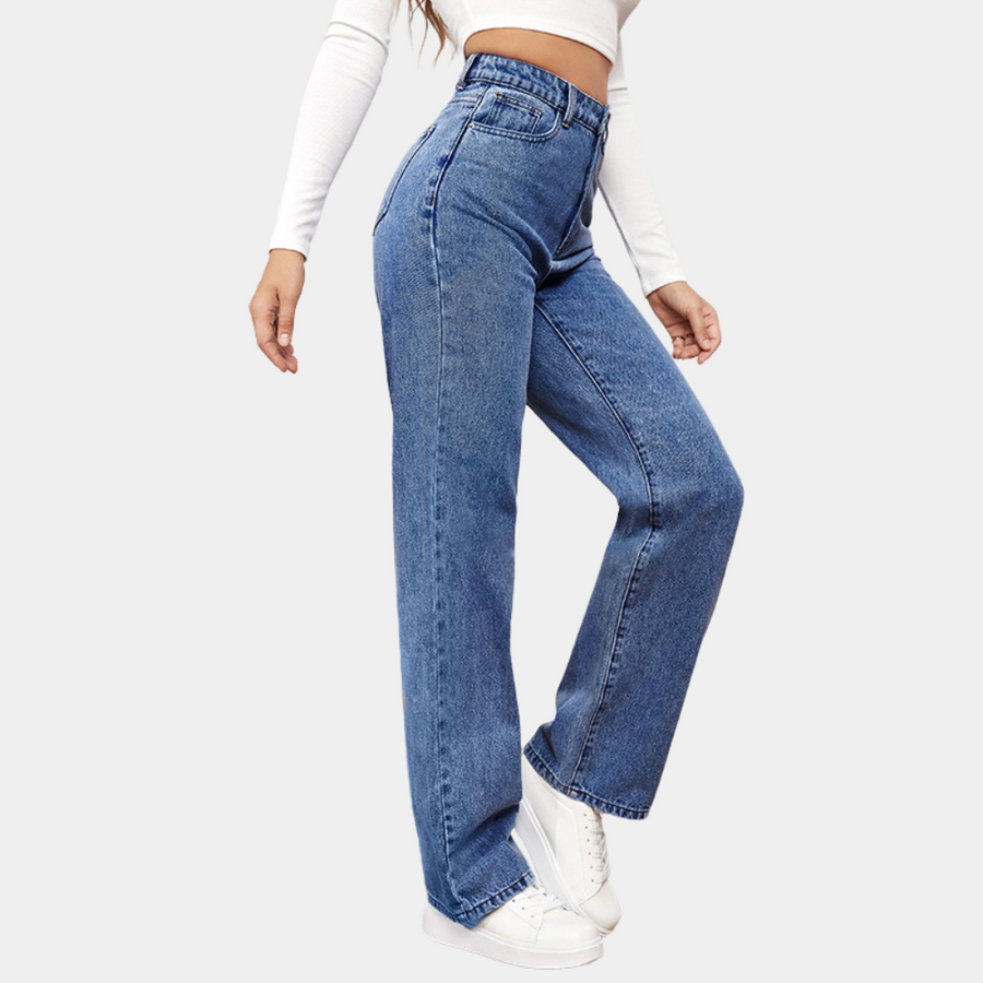 Women's Fit Dark Blue High-Waisted Straight Leg Denim Jeans Outfit for Work Casual Days Holidays and Everyday Wear