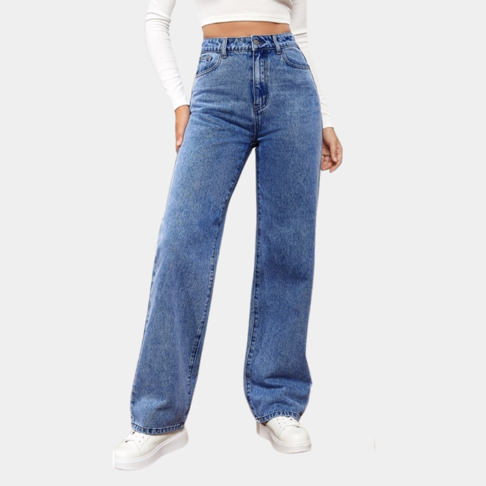 Women's Fit Dark Blue High-Waisted Straight Leg Denim Jeans Outfit for Work Casual Days Holidays and Everyday Wear
