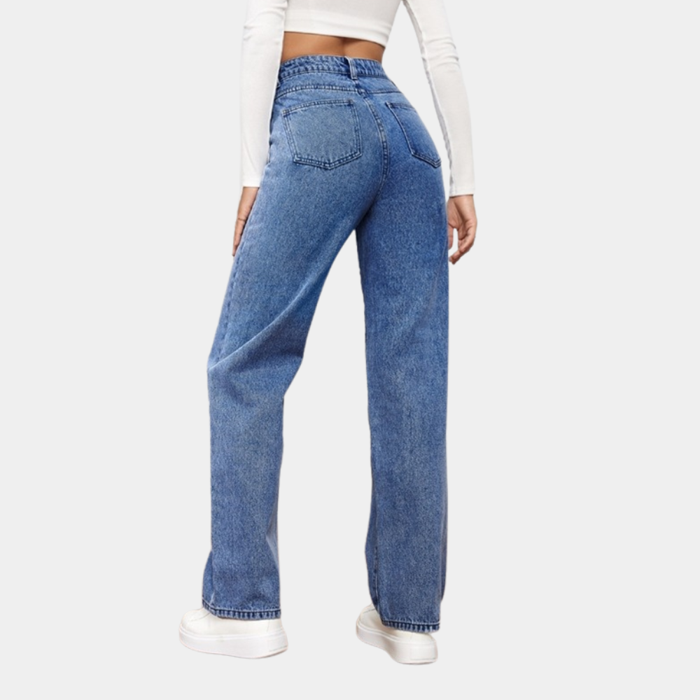 Women's Fit Dark Blue High-Waisted Straight Leg Denim Jeans Outfit for Work Casual Days Holidays and Everyday Wear