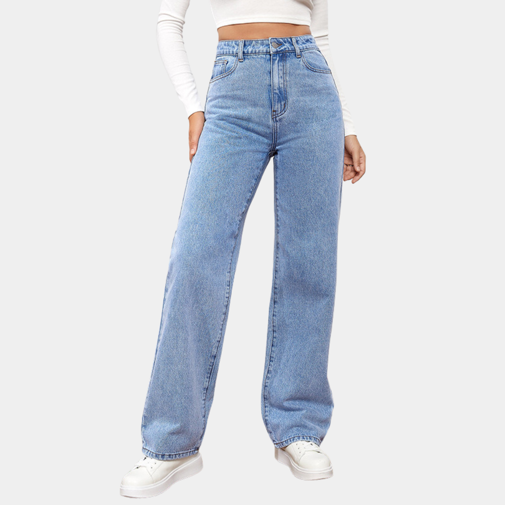 Women's Fit Dark Blue High-Waisted Straight Leg Denim Jeans Outfit for Work Casual Days Holidays and Everyday Wear