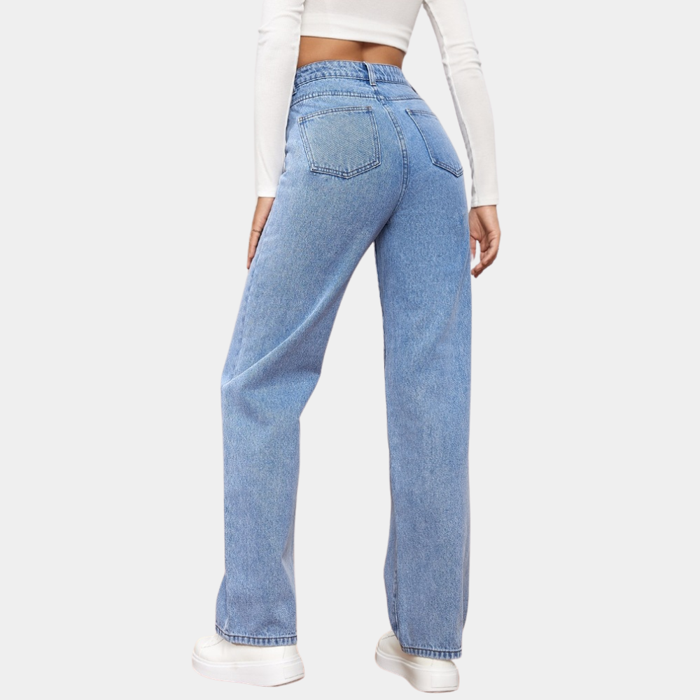 Women's Fit Dark Blue High-Waisted Straight Leg Denim Jeans Outfit for Work Casual Days Holidays and Everyday Wear