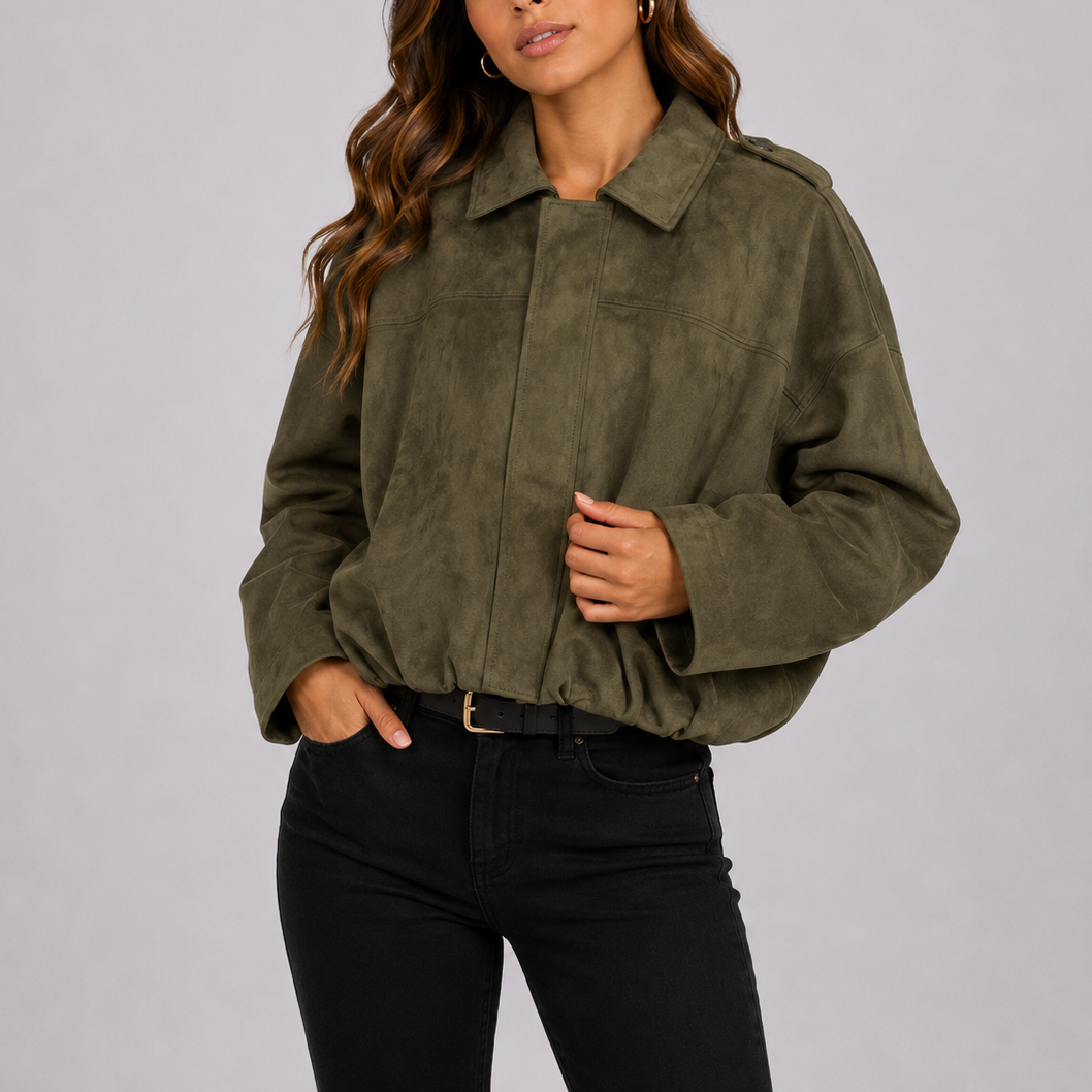 Women's Oversized Bomber Jacket Relaxed Fit Suede Style Casual Outerwear