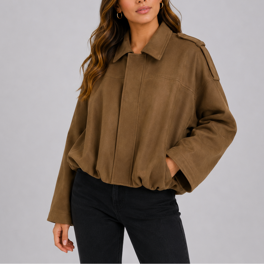 Women's Oversized Bomber Jacket Relaxed Fit Suede Style Casual Outerwear