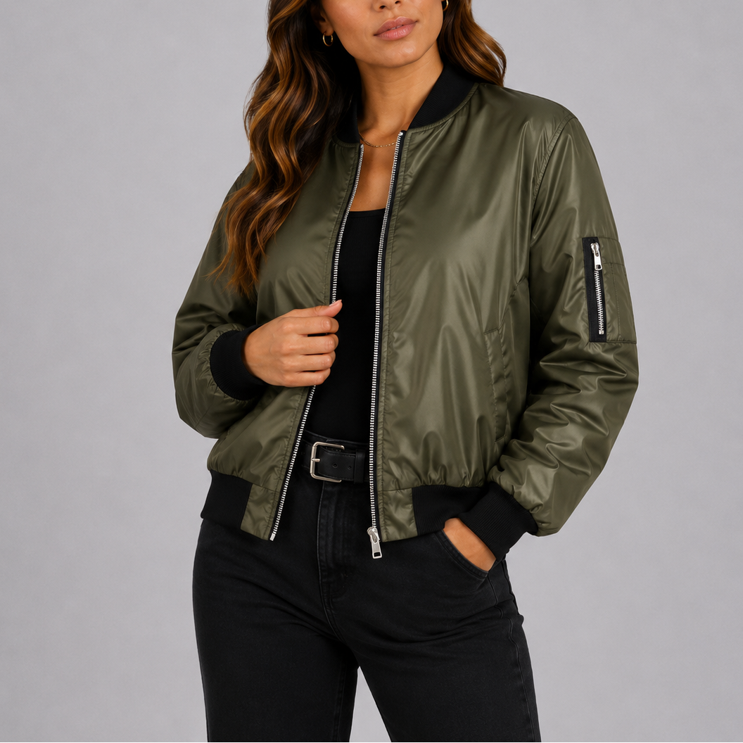Women's Casual Bomber Jacket Zip-Up Relaxed Fit Lightweight Everyday