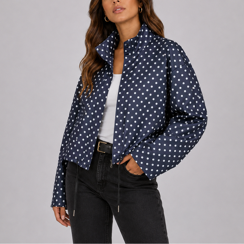 Women's Casual Polka Dot Bomber Jacket Relaxed Fit Long Sleeve Zip-Up Stylish Everyday Wear