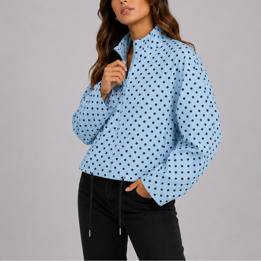 Women's Casual Polka Dot Bomber Jacket Relaxed Fit Long Sleeve Zip-Up Stylish Everyday Wear