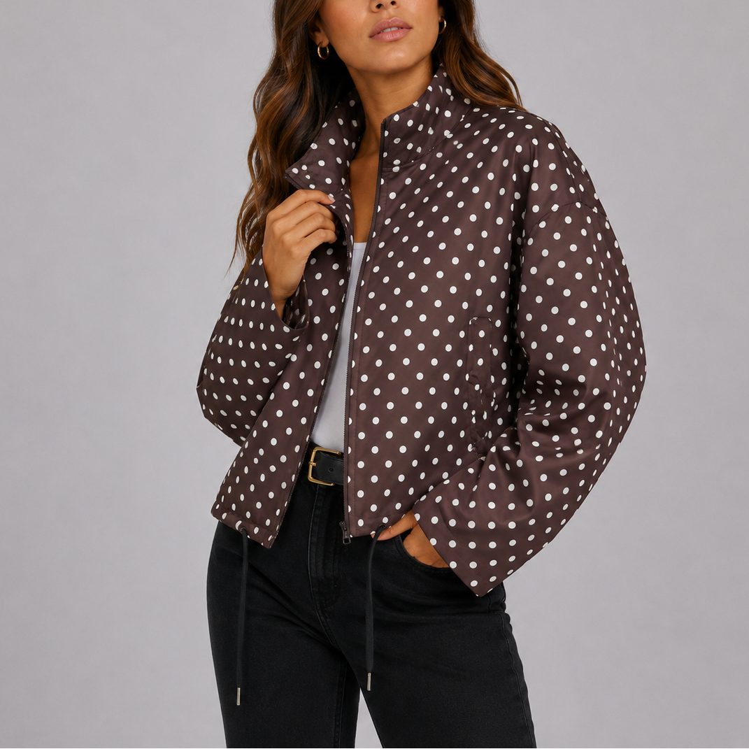 Women's Casual Polka Dot Bomber Jacket Relaxed Fit Long Sleeve Zip-Up Stylish Everyday Wear