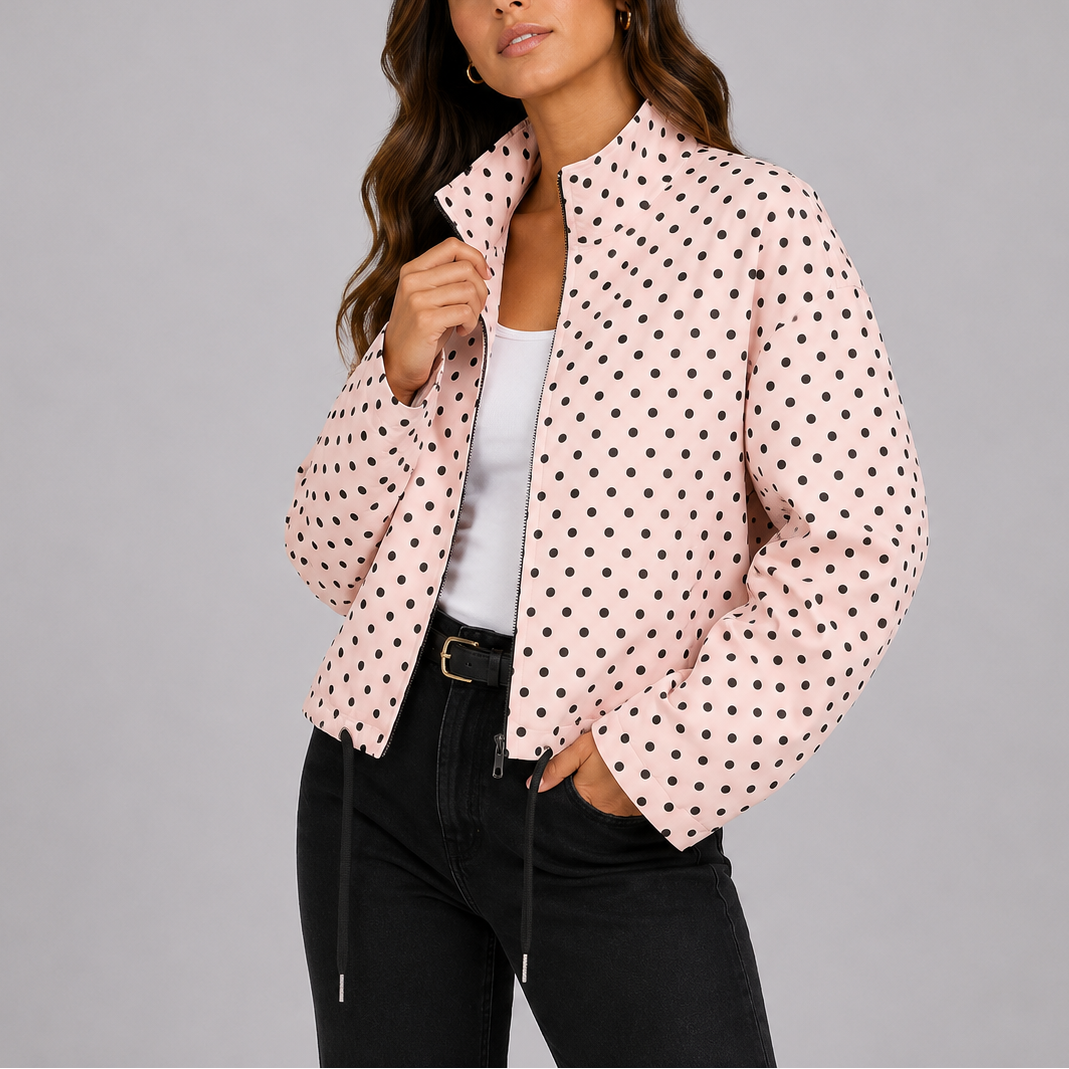 Women's Casual Polka Dot Bomber Jacket Relaxed Fit Long Sleeve Zip-Up Stylish Everyday Wear