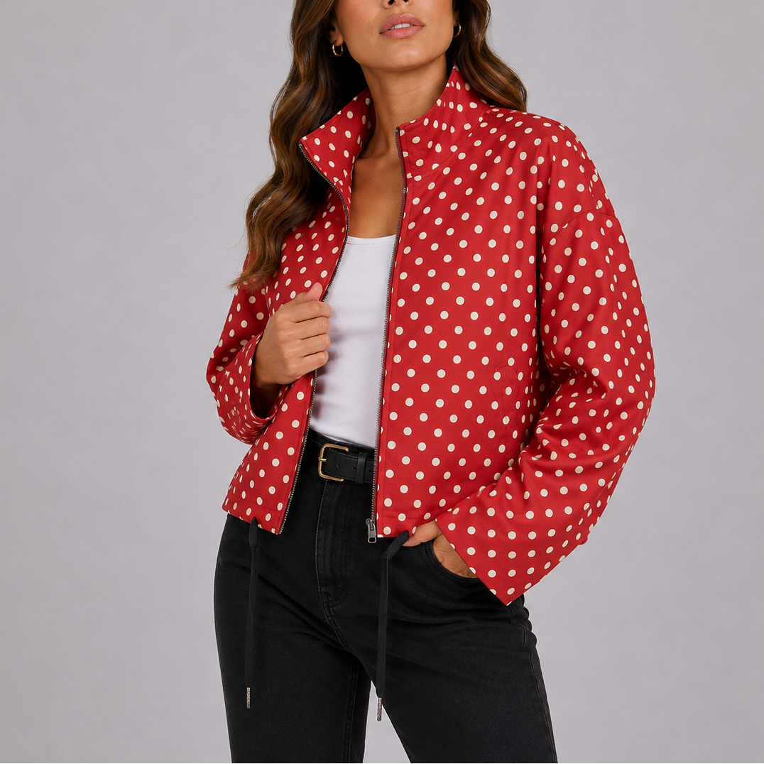 Women's Casual Polka Dot Bomber Jacket Relaxed Fit Long Sleeve Zip-Up Stylish Everyday Wear