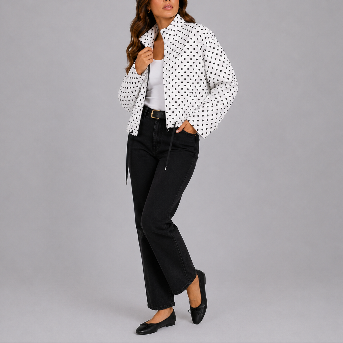 Women's Casual Polka Dot Bomber Jacket Relaxed Fit Long Sleeve Zip-Up Stylish Everyday Wear
