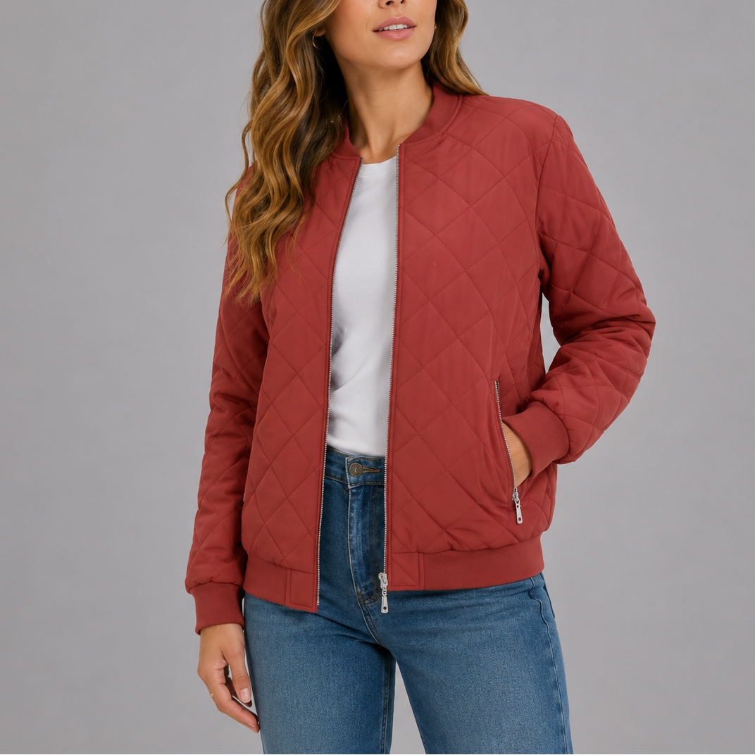 Women's Quilted Bomber Jacket Classic Fit Zipper Closure with Pockets Casual Everyday