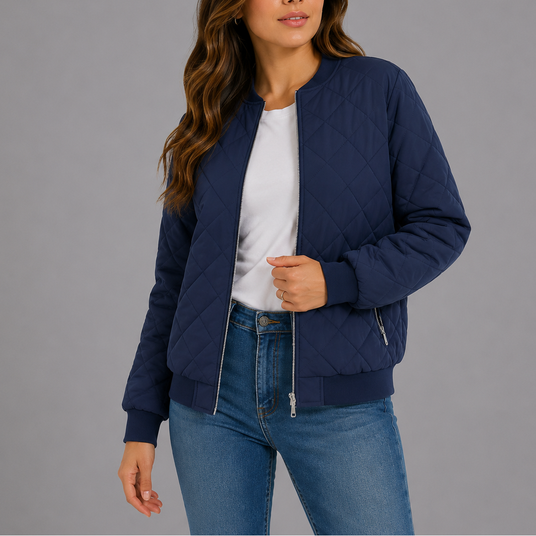 Women's Quilted Bomber Jacket Classic Fit Zipper Closure with Pockets Casual Everyday