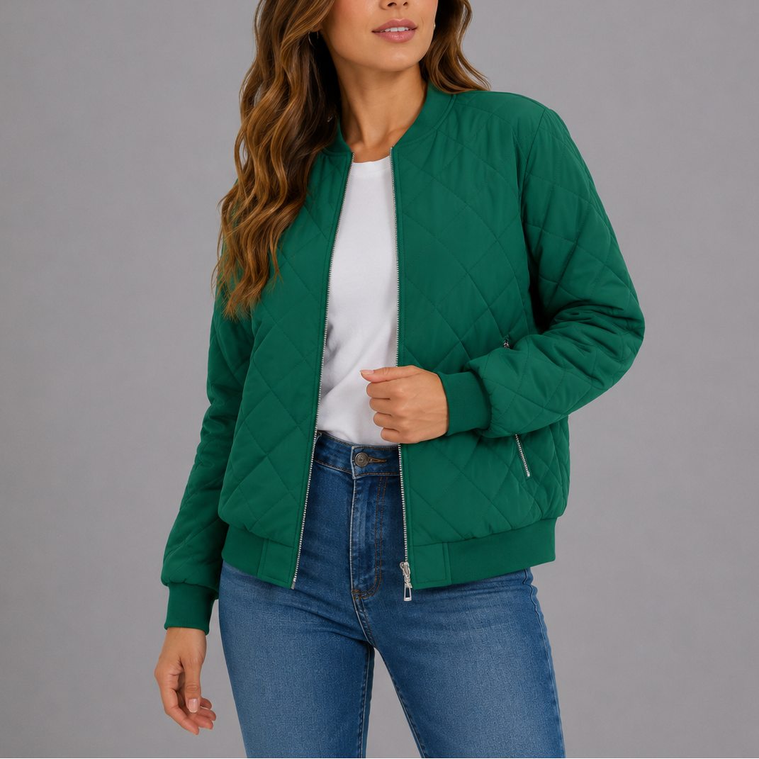 Women's Quilted Bomber Jacket Classic Fit Zipper Closure with Pockets Casual Everyday