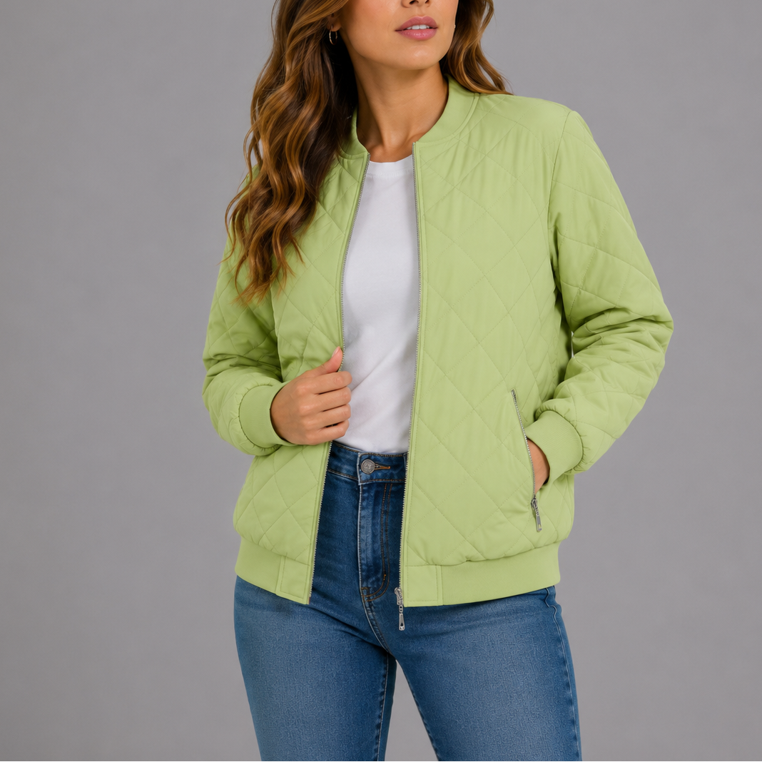Women's Quilted Bomber Jacket Classic Fit Zipper Closure with Pockets Casual Everyday