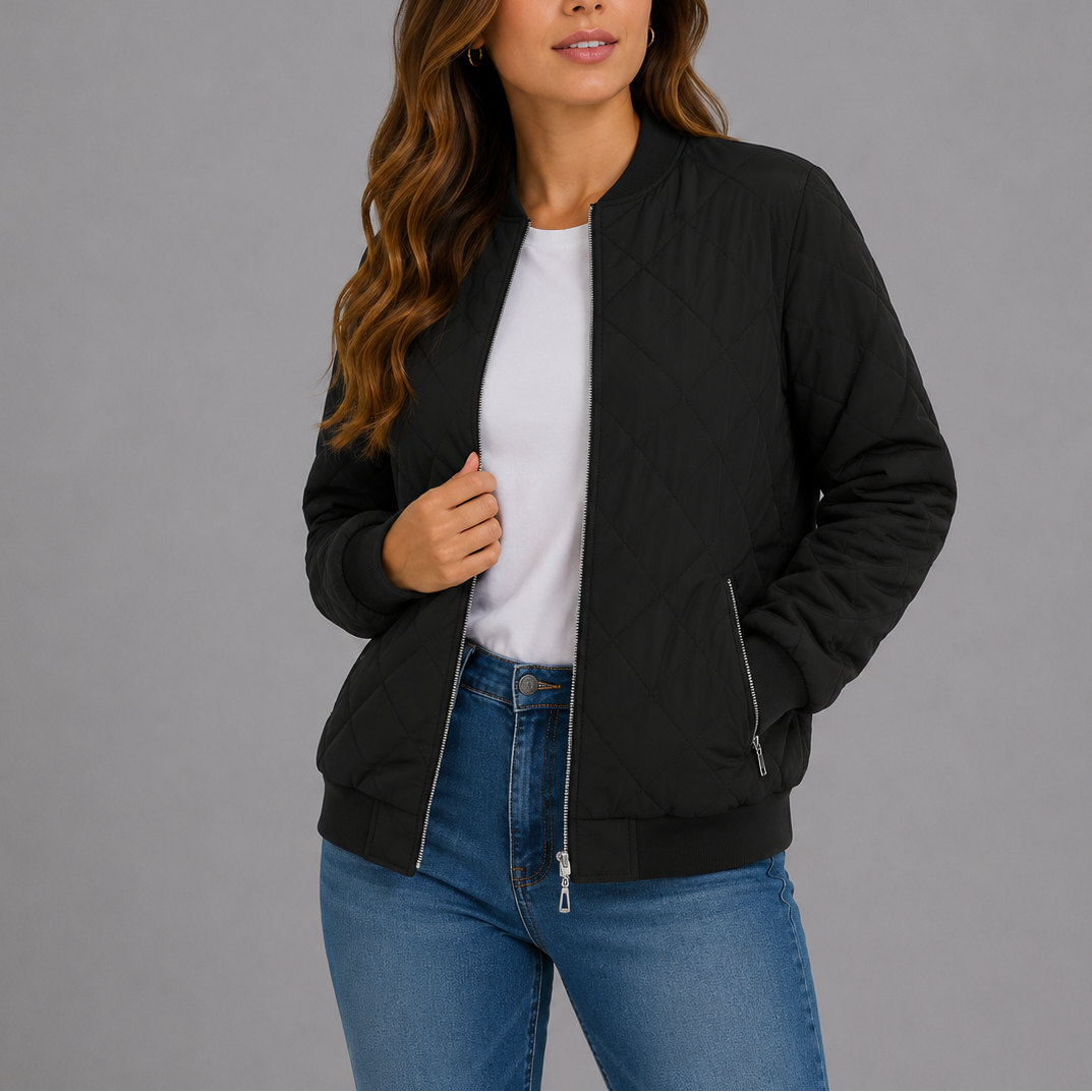 Women's Quilted Bomber Jacket Classic Fit Zipper Closure with Pockets Casual Everyday