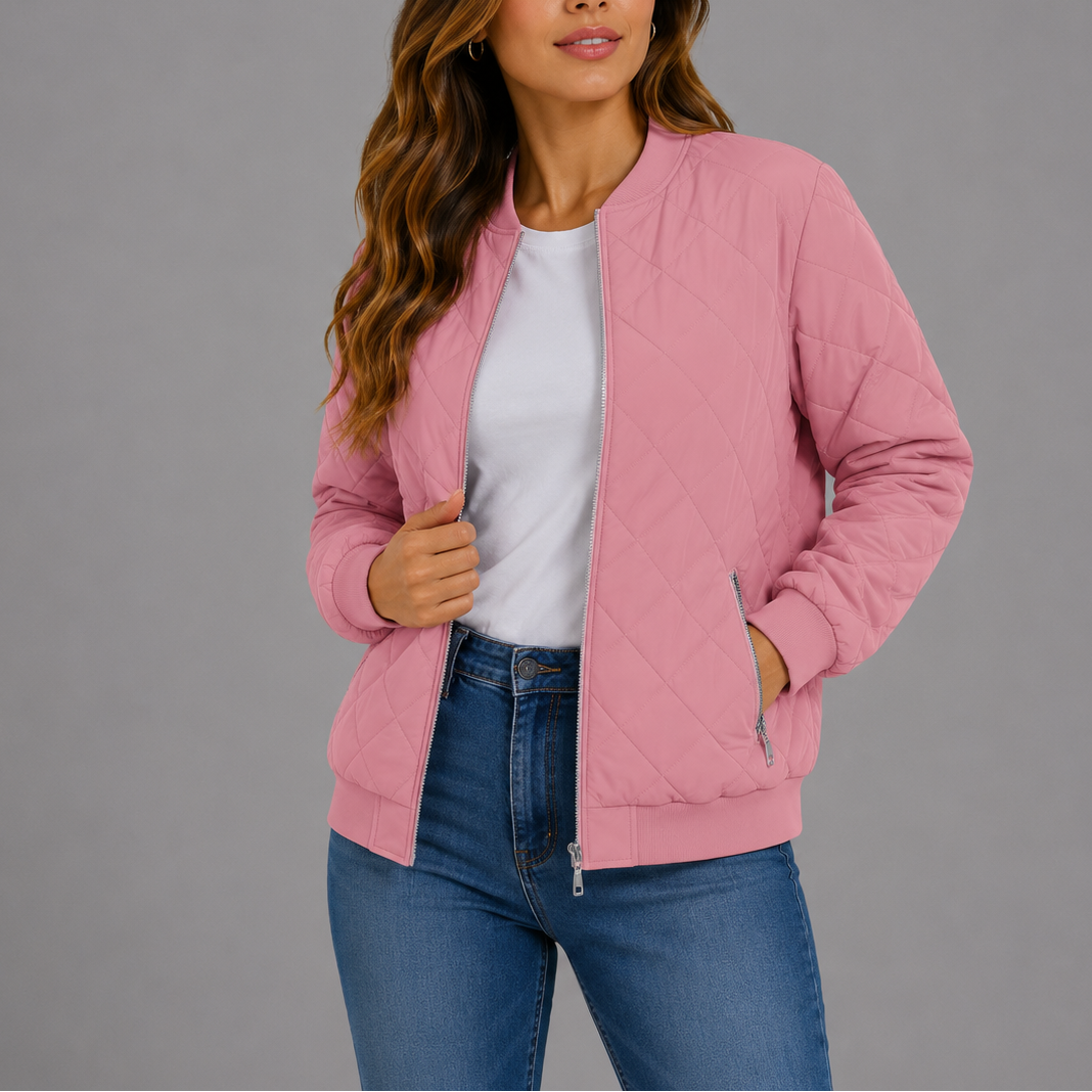 Women's Quilted Bomber Jacket Classic Fit Zipper Closure with Pockets Casual Everyday