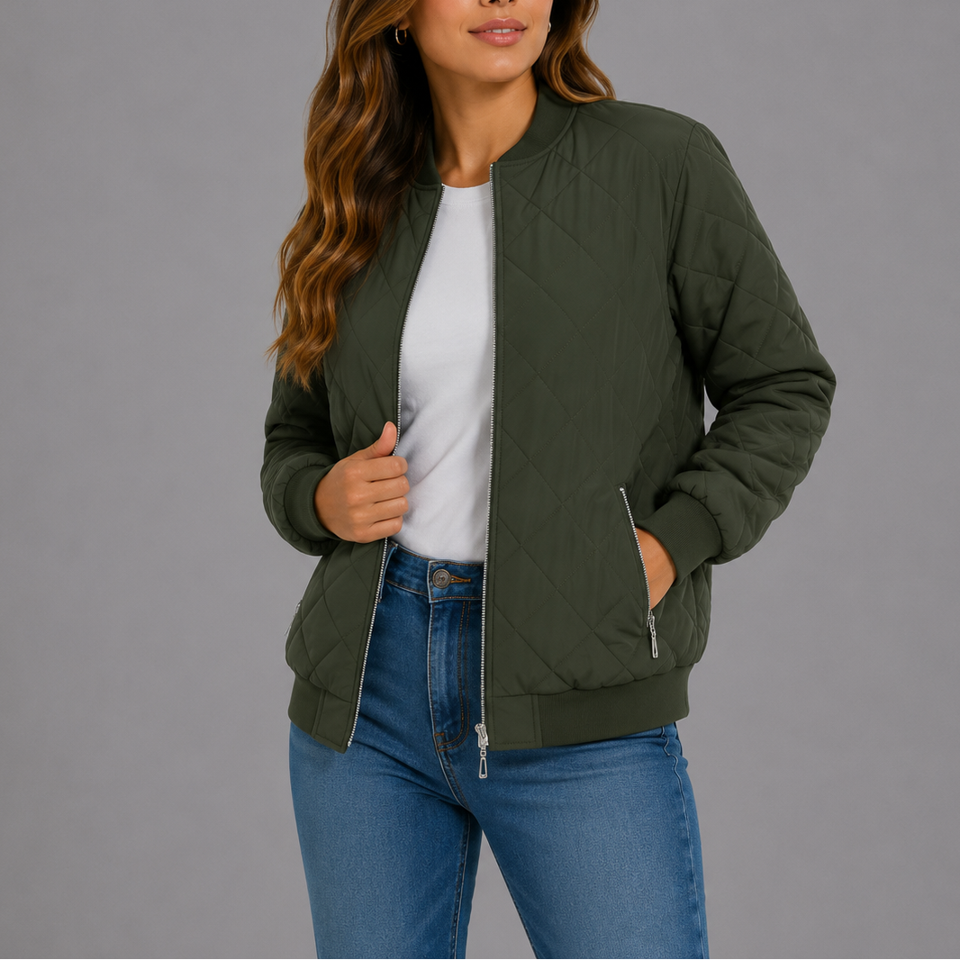 Women's Quilted Bomber Jacket Classic Fit Zipper Closure with Pockets Casual Everyday