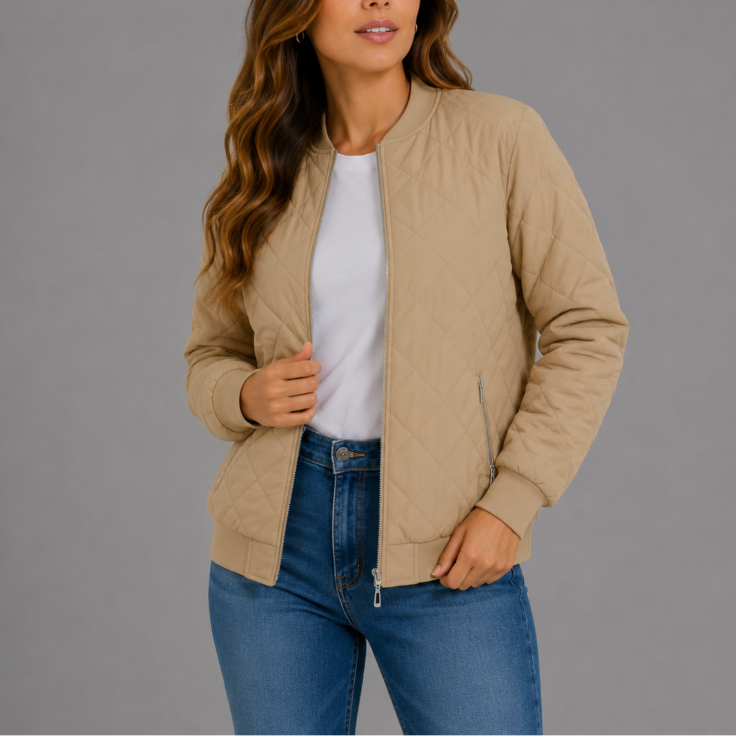 Women's Quilted Bomber Jacket Classic Fit Zipper Closure with Pockets Casual Everyday