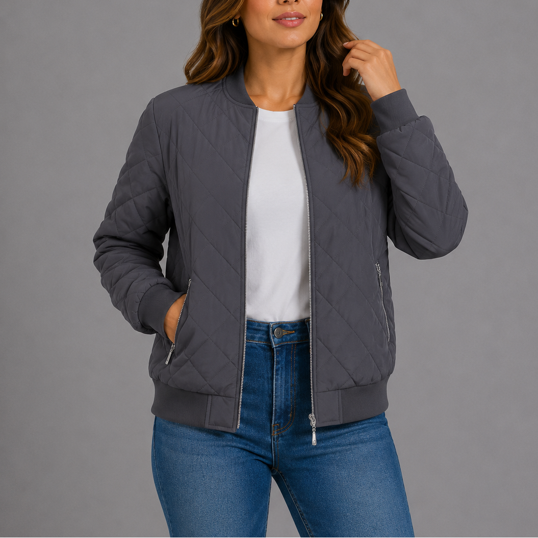 Women's Quilted Bomber Jacket Classic Fit Zipper Closure with Pockets Casual Everyday