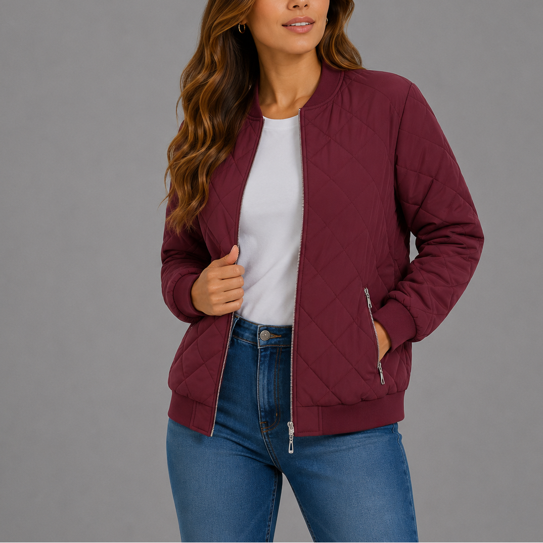 Women's Quilted Bomber Jacket Classic Fit Zipper Closure with Pockets Casual Everyday