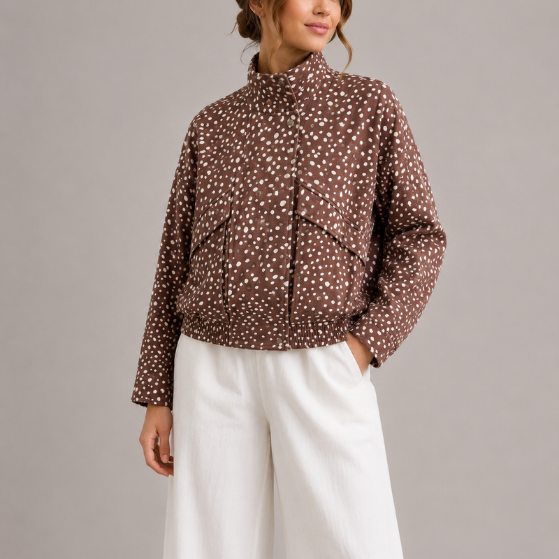 Women's Cropped Bomber Jacket High Neck Polka Dot Casual Layering
