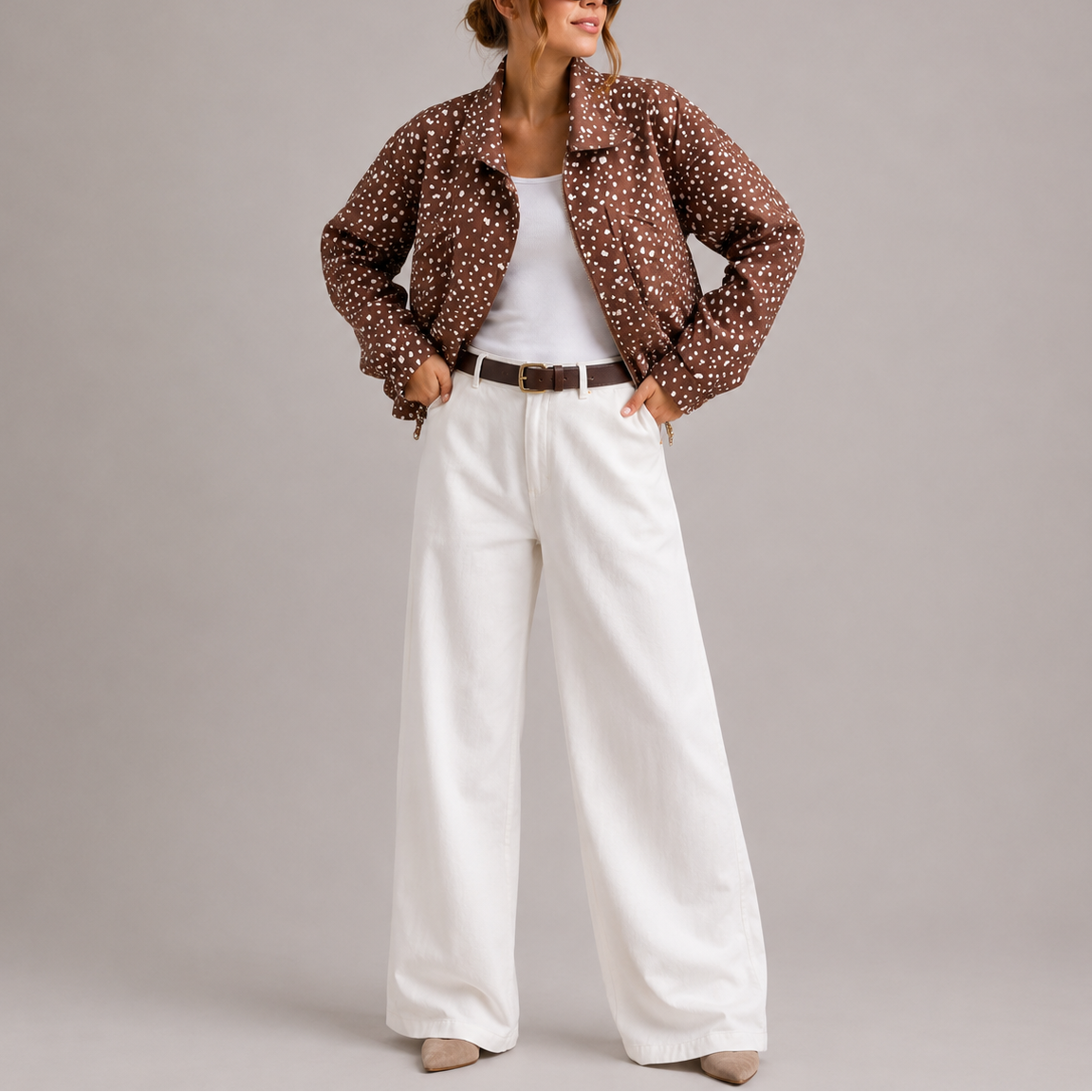 Women's Cropped Bomber Jacket High Neck Polka Dot Casual Layering