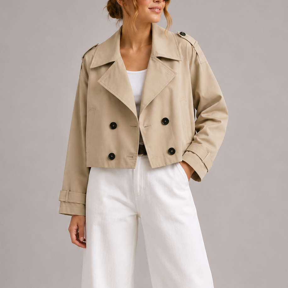 Women's Cropped Trench Coat Jacket Stylish Fitted Design Double-Breasted Classic Layering