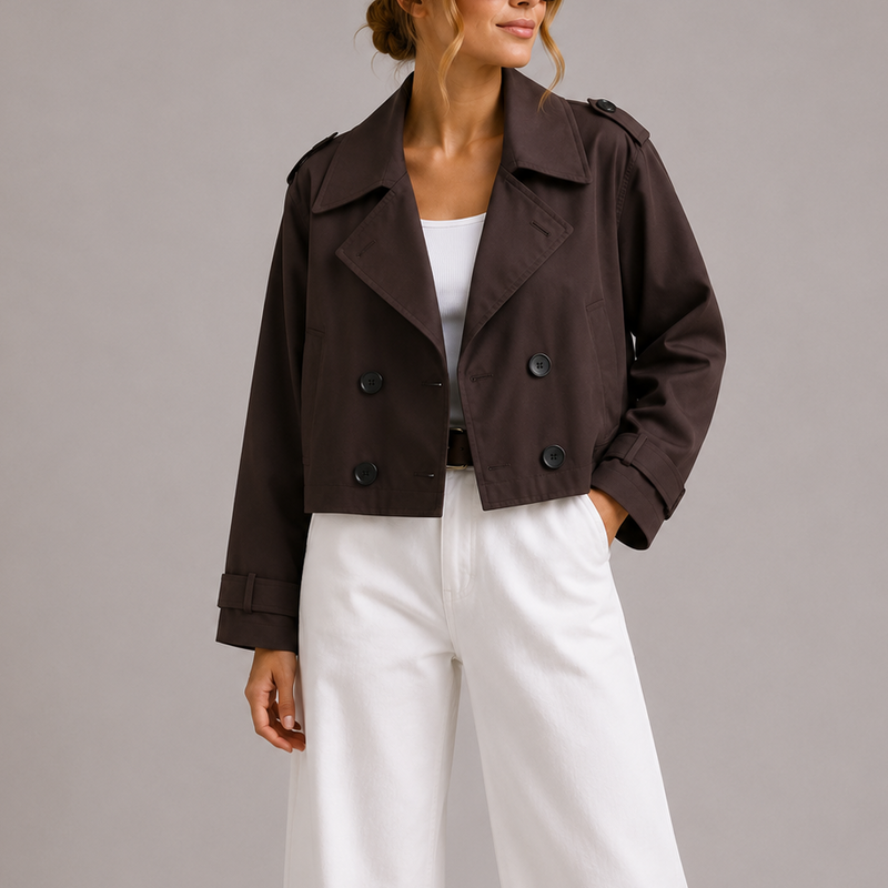 Women's Cropped Trench Coat Jacket Stylish Fitted Design Double-Breasted Classic Layering