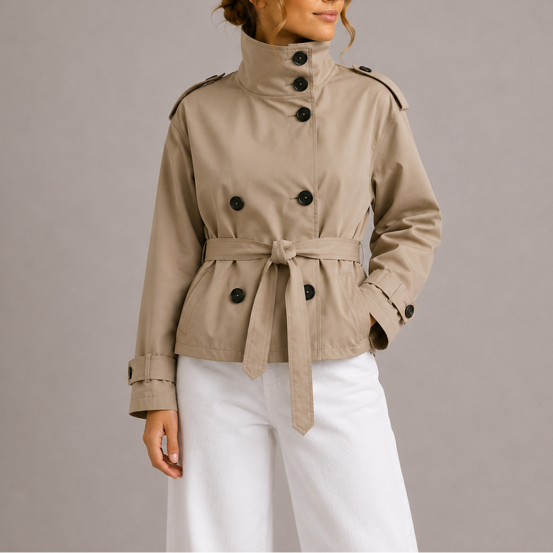 Women's Cropped Trench Coat Jacket Belted Double-Breasted Stylish Layering