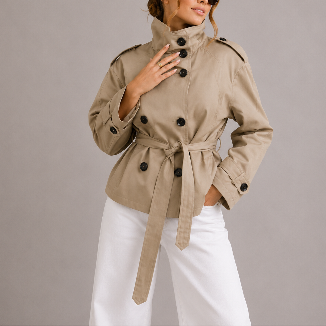 Women's Cropped Trench Coat Jacket Belted Double-Breasted Stylish Layering