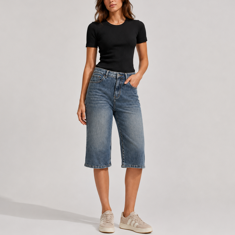 Women's High-Waisted Bermuda Shorts Knee-Length Straight Leg Casual Everyday