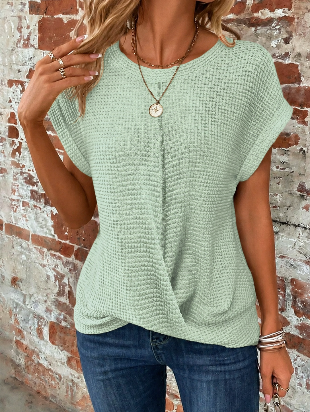 Women's Casual Waffle Knit Relaxed Fit Tee Knitwear for Autumn Winter Layering Cosy Days and Everyday Wear