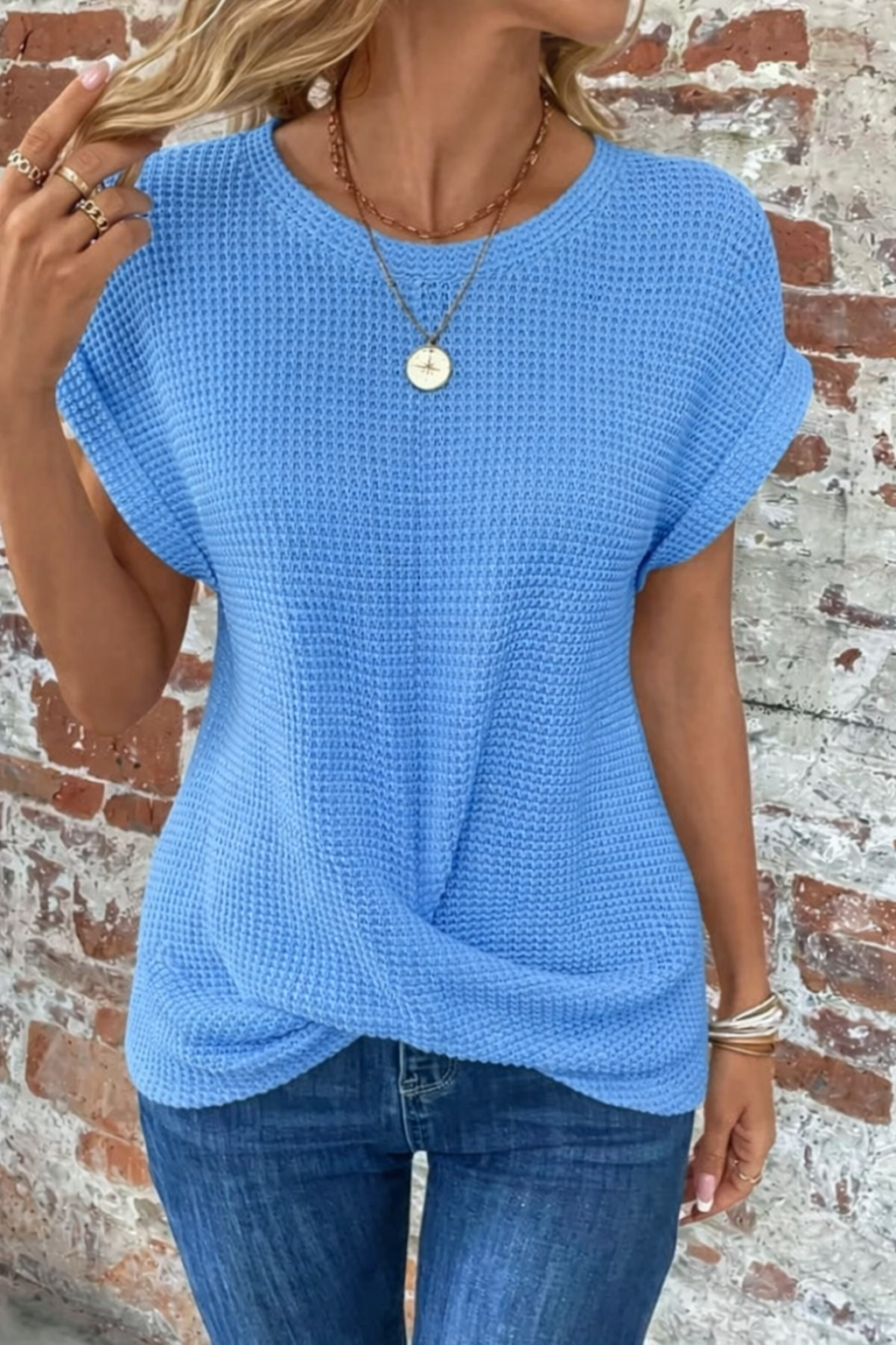 Women's Casual Waffle Knit Relaxed Fit Tee Knitwear for Autumn Winter Layering Cosy Days and Everyday Wear