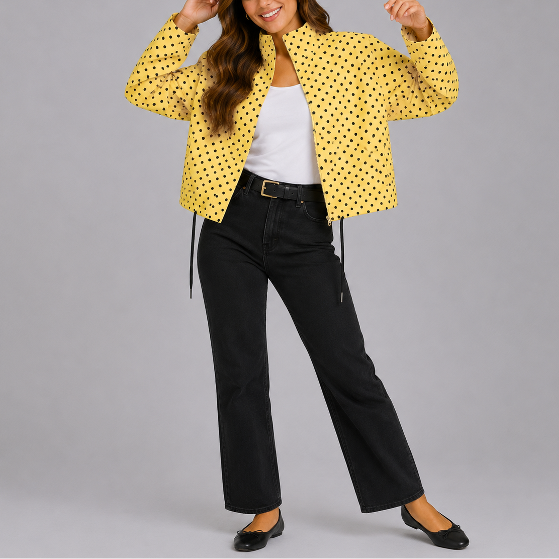 Women's Casual Polka Dot Bomber Jacket Relaxed Fit Long Sleeve Zip-Up Stylish Everyday Wear