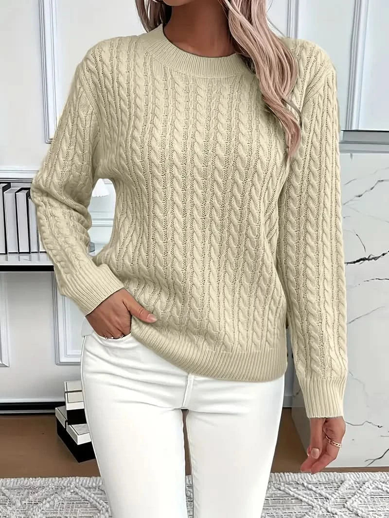 Women's Trendy Cable Knit Sweater Crewneck Long Sleeve Casual Layering