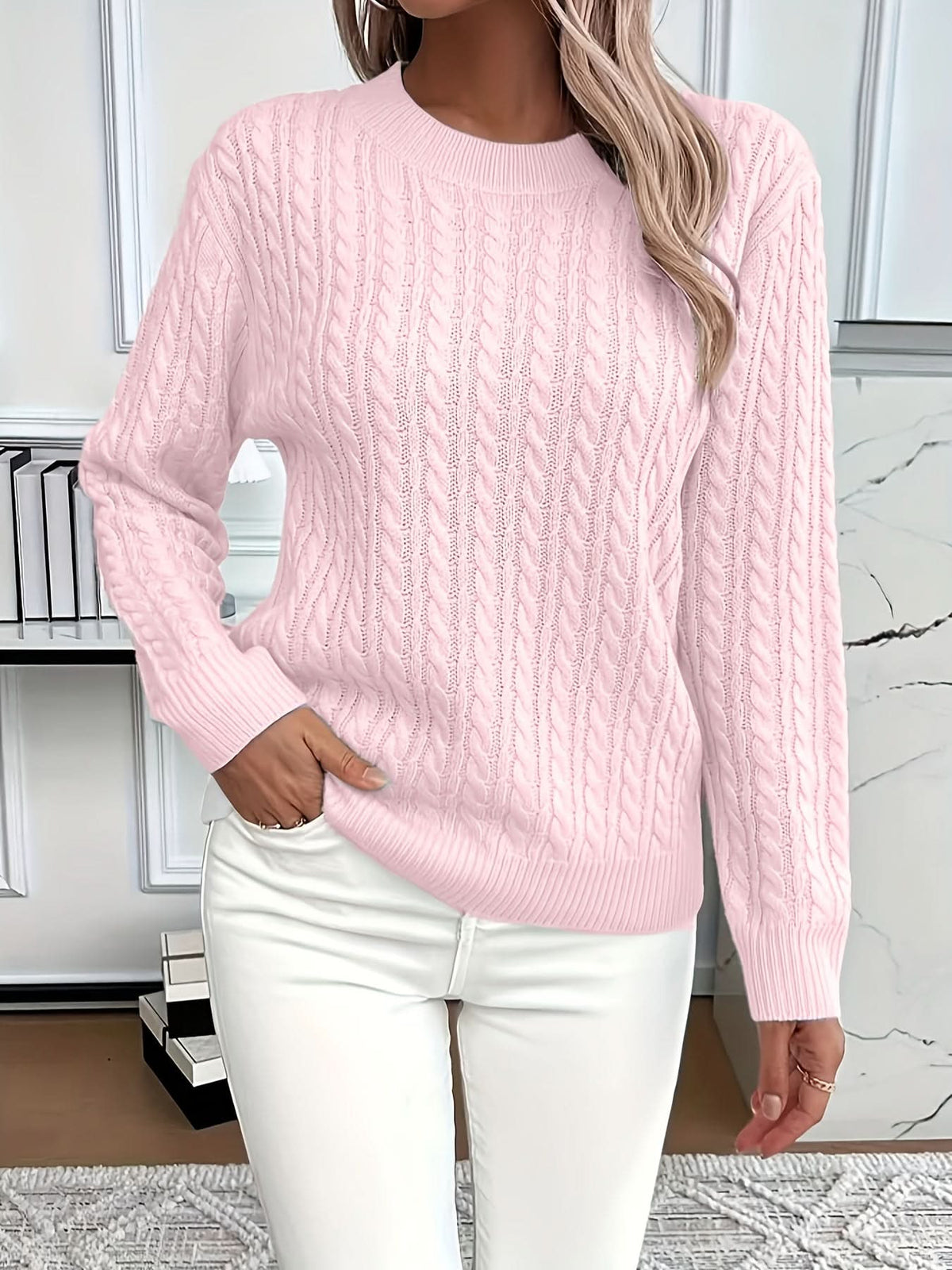 Women's Trendy Cable Knit Sweater Crewneck Long Sleeve Casual Layering