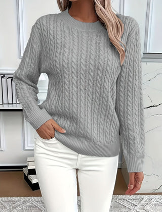 Women's Trendy Cable Knit Sweater Crewneck Long Sleeve Casual Layering
