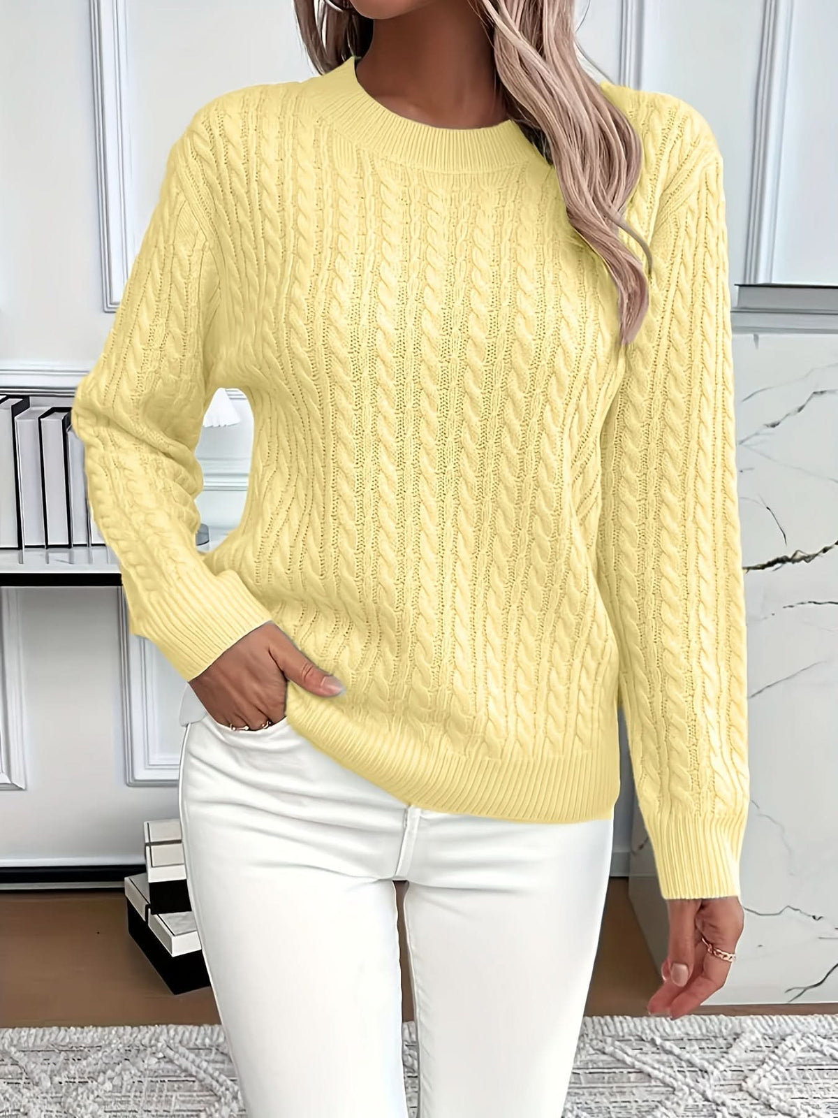 Women's Trendy Cable Knit Sweater Crewneck Long Sleeve Casual Layering