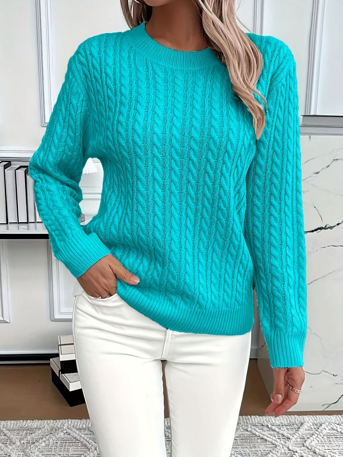 Women's Trendy Cable Knit Sweater Crewneck Long Sleeve Casual Layering