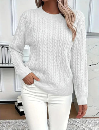 Women's Trendy Cable Knit Sweater Crewneck Long Sleeve Casual Layering