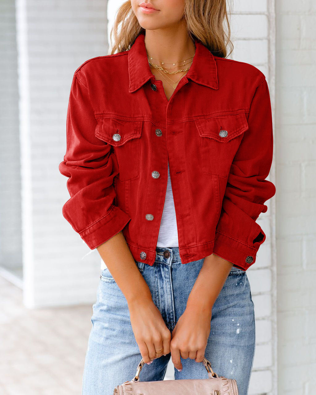 Women's Cropped Relaxed Fit Jacket with Chest Pockets Casual Everyday Layering