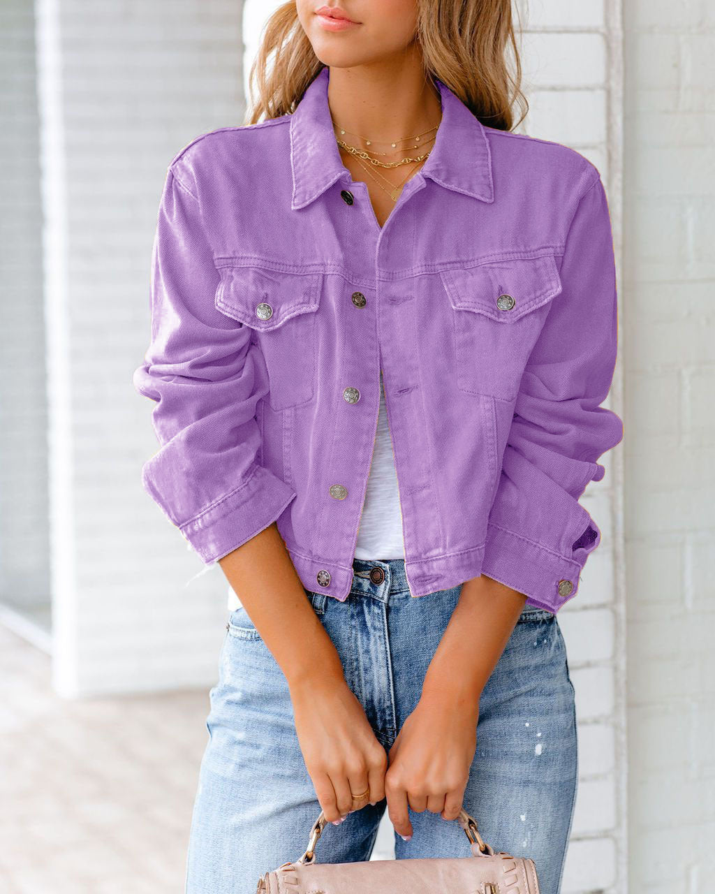 Women's Cropped Relaxed Fit Jacket with Chest Pockets Casual Everyday Layering
