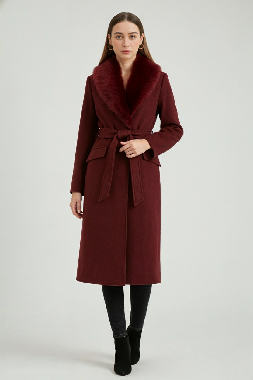 Women's Winter Coat Long Sleeve Faux Fur Collar Button Closure Stylish Cold Weather
