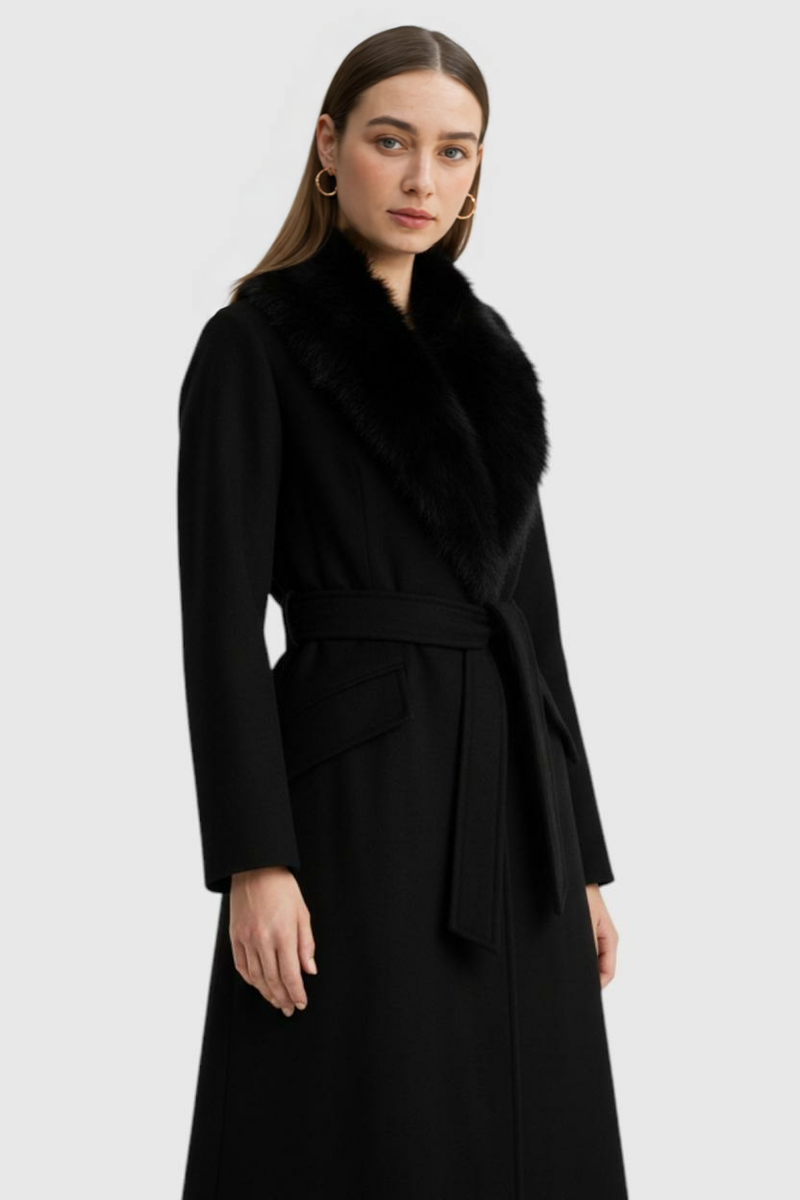 Women's Long Wool Blend Winter Coat Faux Fur Collar Stylish Warm Layering
